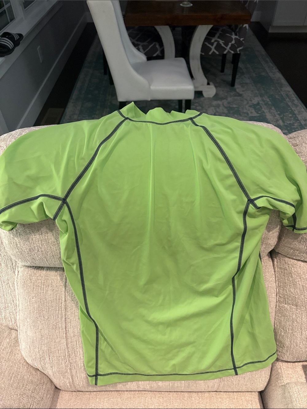 Lands' End Boy’s Neon Lime Short Sleeve Rash Guard Swim Top with Navy Accents